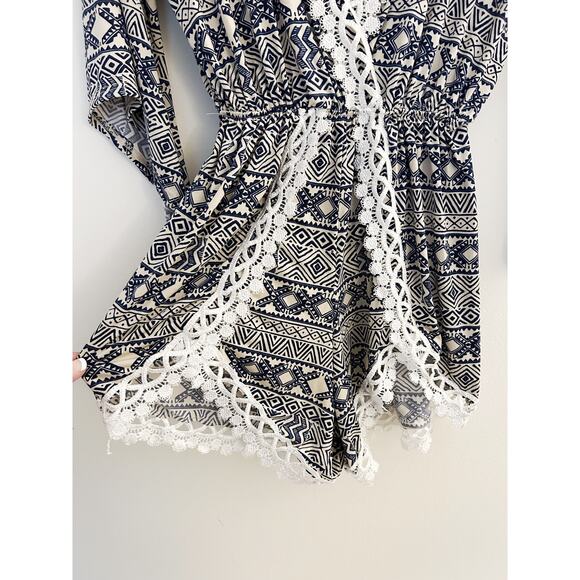 Navy Blue and Tan Tribal Print Lace Romper Size Small - Picture 3 of 7
